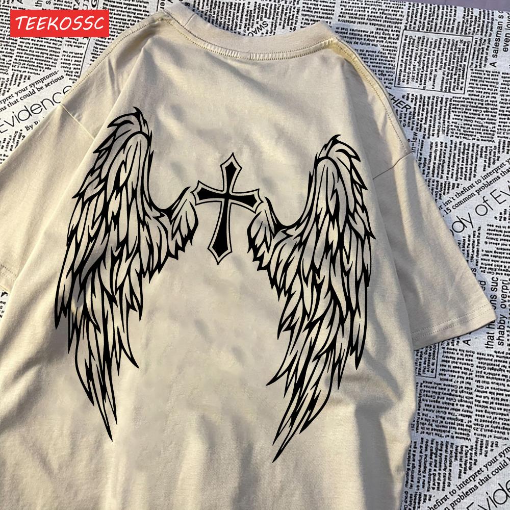 Casual Cotton Womens TShirts Cross Body And Flying Wings Funny Prints Short Sleeve ONeck Soft Oversize Fashion Female Clothes