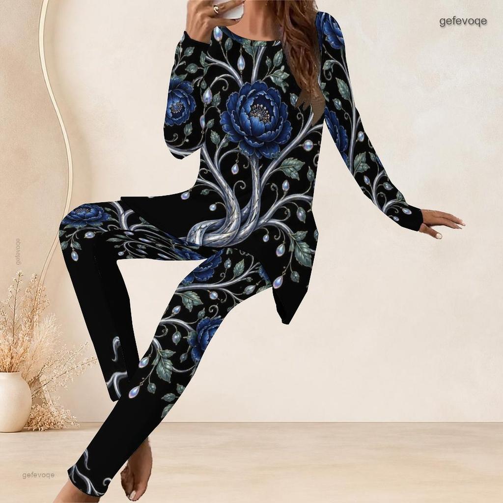 Women Plus Size Black Printed Round Neck Long Sleeve Longline Top Fitted Pants Two Piece Set
