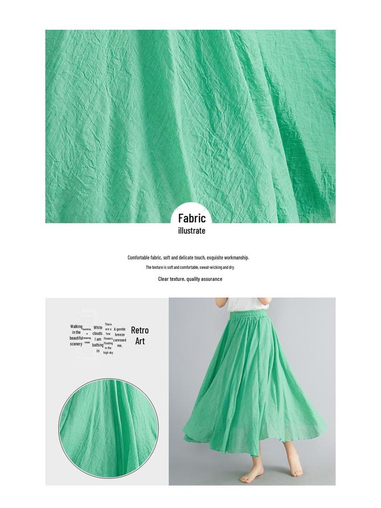 2024 Japan & Korea Loose Cotton-Linen Elastic Waist Midi Skirt – Solid Color A-line Swing Skirt