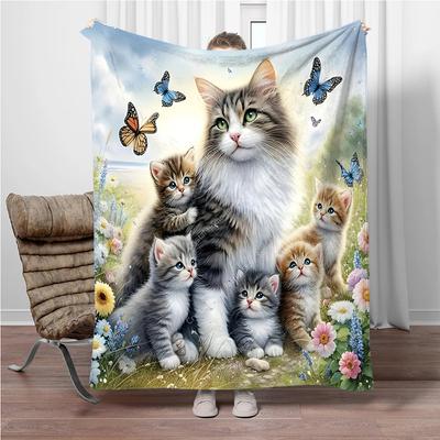 Cat Painting Flannel Blanket Soft Warm Throw Blanket Home Lunch Break Blanket For Couch Sofa Office Bed Trave Fashion Gift