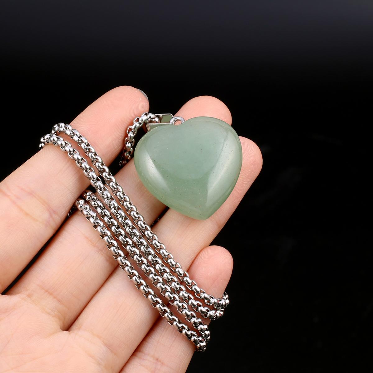 

1 шт. в партии, ожерелье из натурального камня, кулон в форме сердца, кристалл, аметист, агат, опал, цепочка из нержавеющей стали, ожерелья для женщин, ювелирные изделия 30x30x10 мм 1Pcs/Green Aventurine