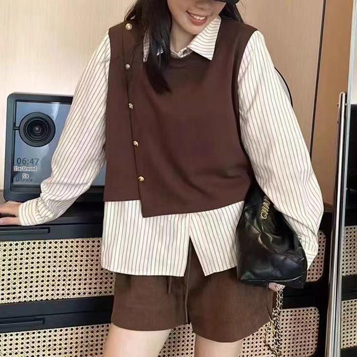 2025 Stylish Striped Patchwork Two-Piece Long Sleeve Fashion Top