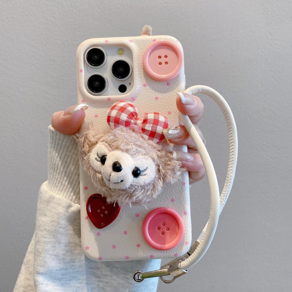 Winter Plush Filipino Button Lanyard Apple 16promax 15pro Fall proof Full Cover 13P Leather Pattern Mobile Phone Case