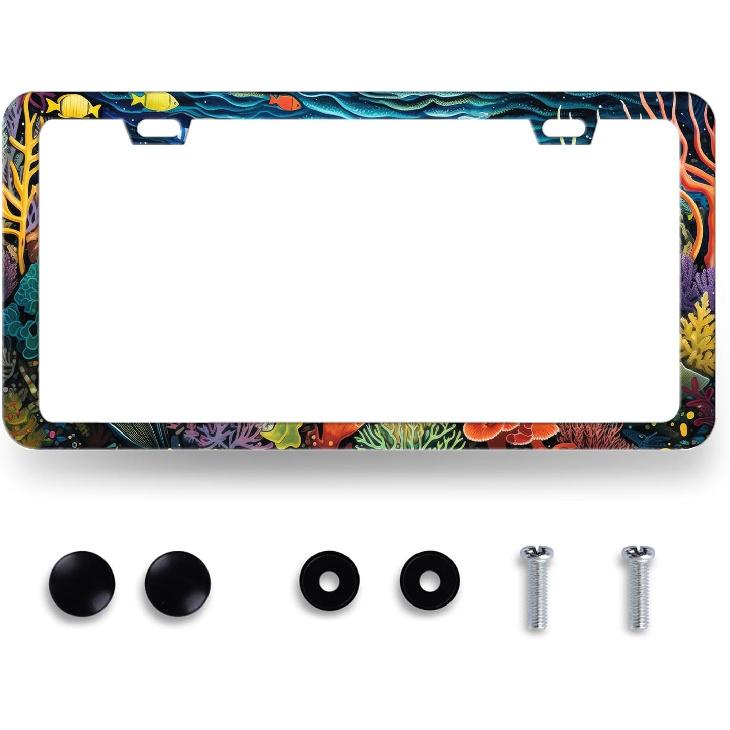 Blue Boho Flowers License Plate Frame Stainless Steel Holder 12.2" X 6.2" | Cute Floral License Plate Personalise Auto Parts for Men Women Car