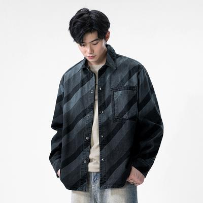 Large Twill American Workwear Denim Shirt Men's Long-sleeved Casual Retro Jacket