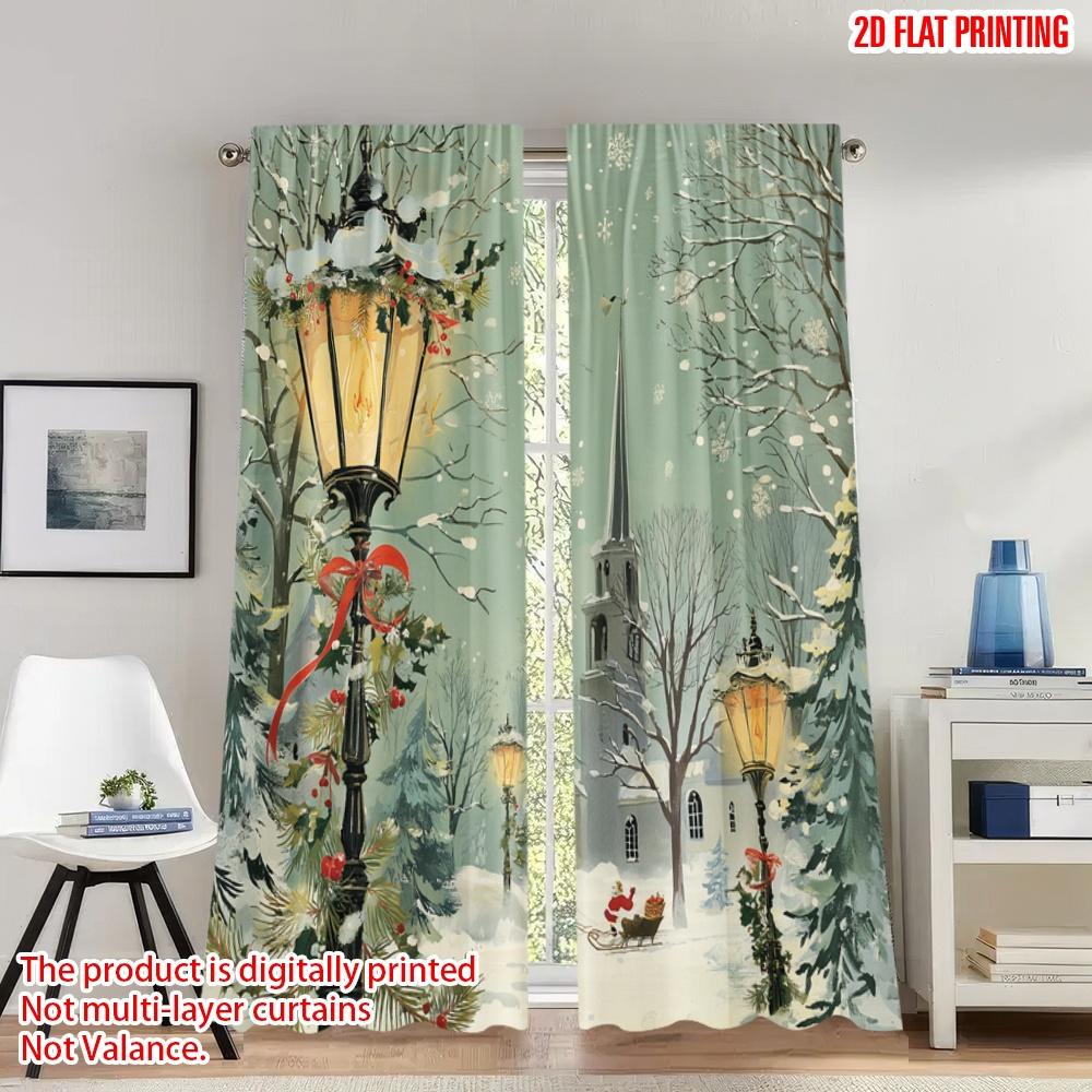 

Set Of 2 Flat Printing Fashionable Christmas Curtains Snowy Church Street Lamp Digital Printed Polyester Drapes Festive Made W100*H70(CM)-Rod Pocket&2PCS