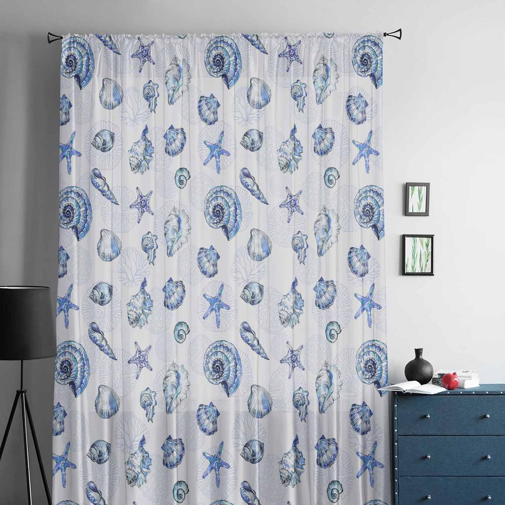 Starfish And Shell Coral Retro Window Tulle Curtains for Living Room Bedroom Hotel Luxury Decoration Sheer Curtains