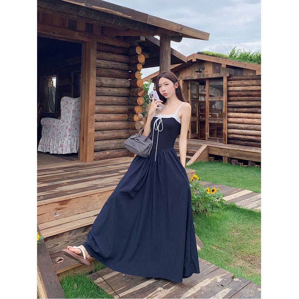 Dress Design Sense Niche Lace Splicing Straps Suspender Skirt Women's Summer Chic Waist Thin a Word Long Dress