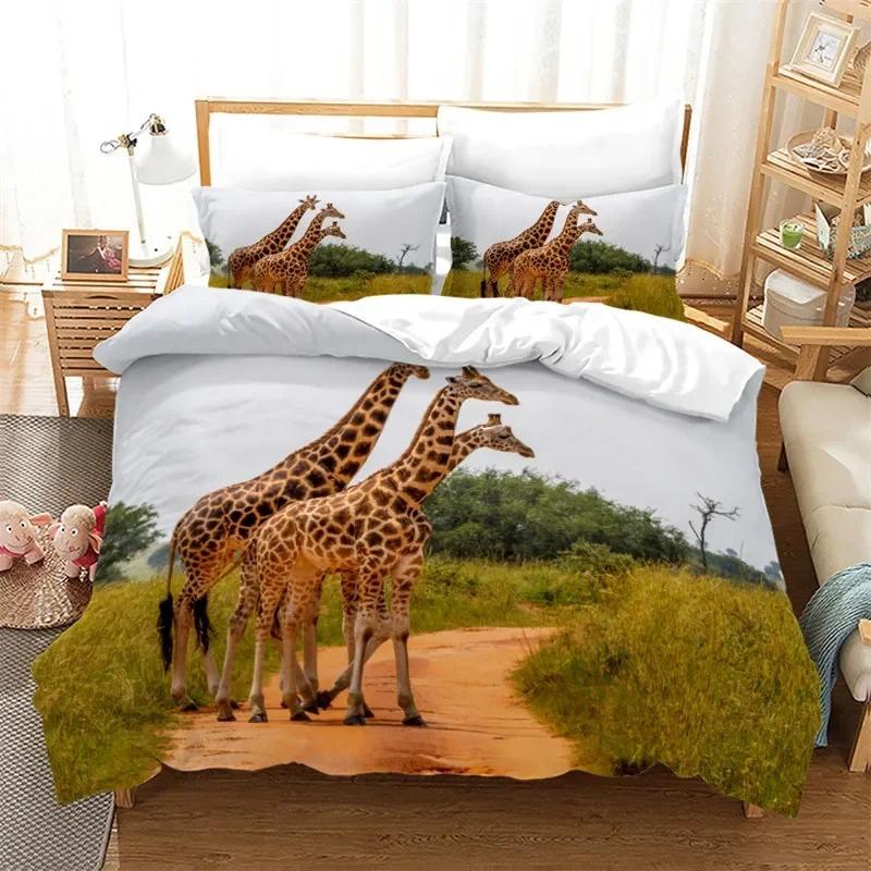 Sunset Wildlife Deer Duvet Cover Elk Giraffe Bedding Set Animal Theme Comforter Cover Full King For Teen Boys Girl Bedroom Decor