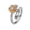Adjustable Rhinestone Sunflower Spinner Ring Minimalist Forest Double Hand Hug Design Band For Women