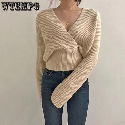 Autumn Winter Women Solid Sweaters Knitted V-neck Cross Wild Fashionable Sexy Pullovers Female Lady Vintage Tops Knitwear