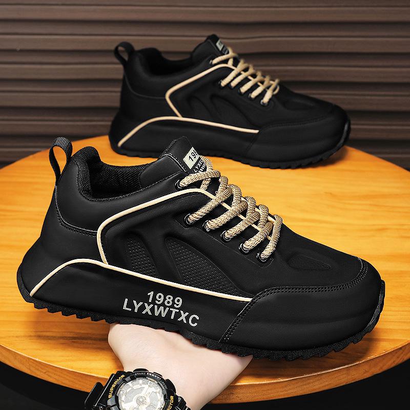 Schwarze Shell Toe Sneakers aus Leder für Herren – Dicke Sohle, trendige Herbst-Sportschuhe