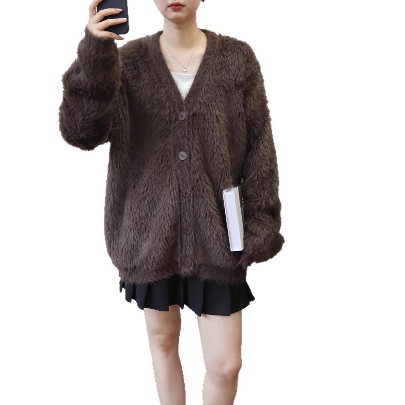 V-neck imitation mink velvet knitted cardigan autumn and winter new loose and gentle wind soft waxy sweater jacket women