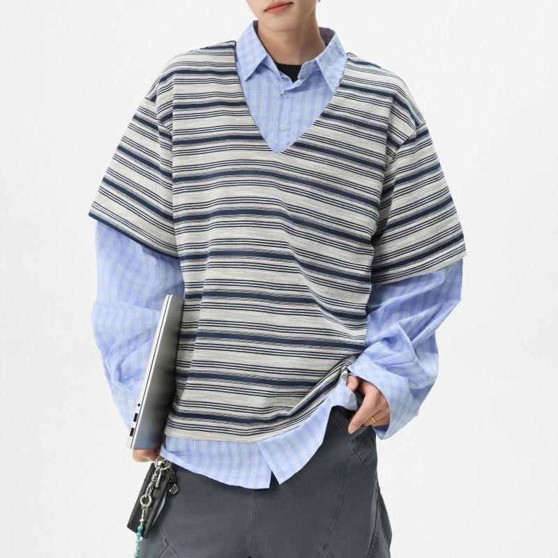 Koreanische Gestreifte Patchwork Lockere Hemden Herrenbekleidung Fake Zweiteiler Herbst Revers Jugendliche Vitalität Lässige Langarmhemden