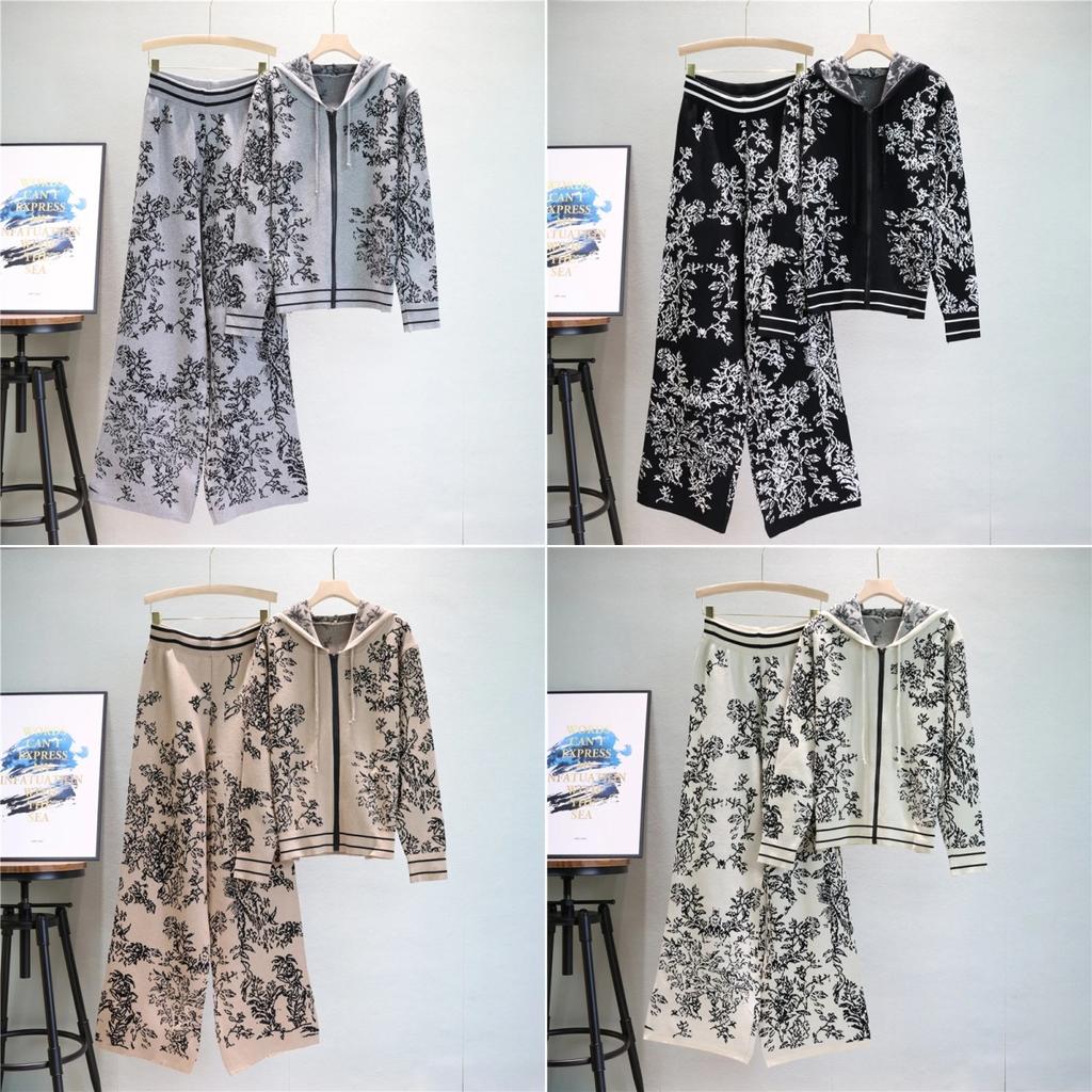 2 Piece Set Women Outfit 2024 Autumn/Winter New Casual Knitted Hooded Sweater Tops Suits Fashion Loose Pant Sets