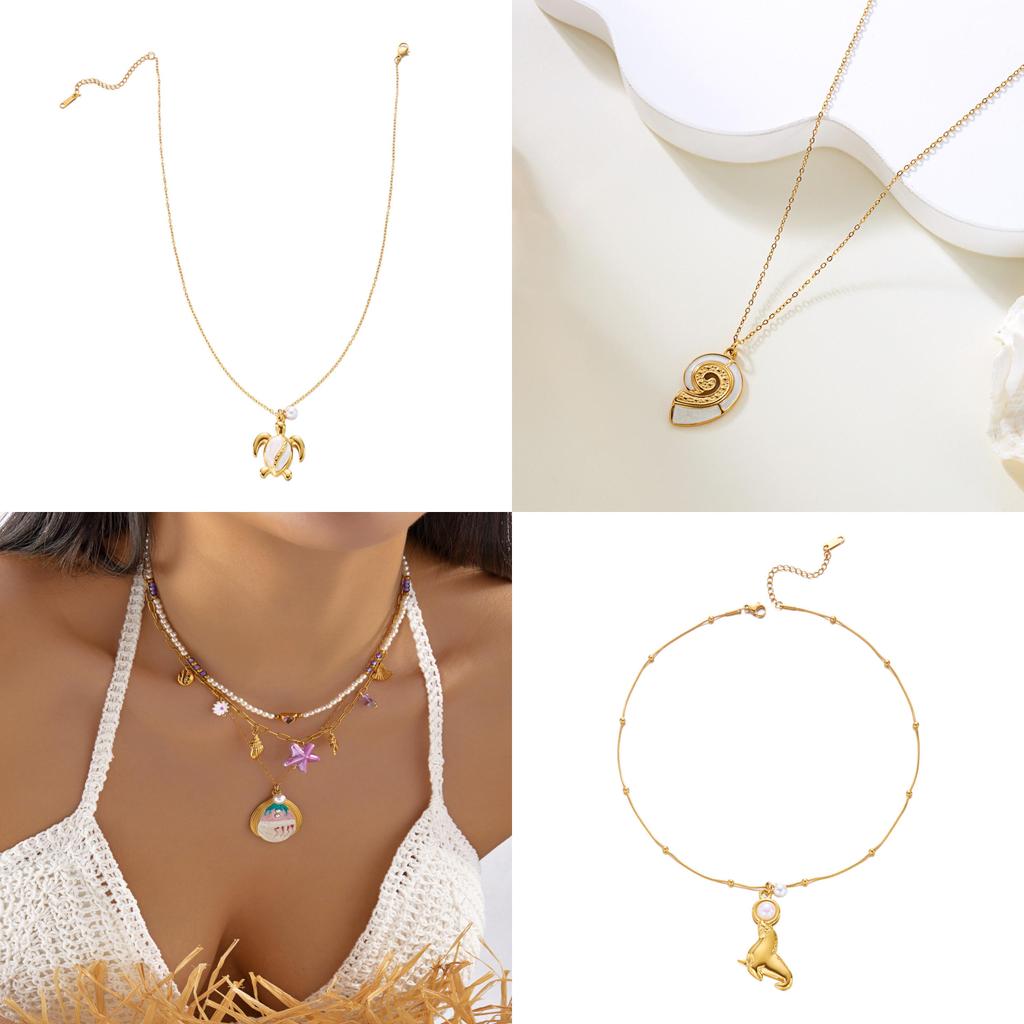 Ocean Style Stainless Steel Necklace With Shell Beads And Animal For Women And Men