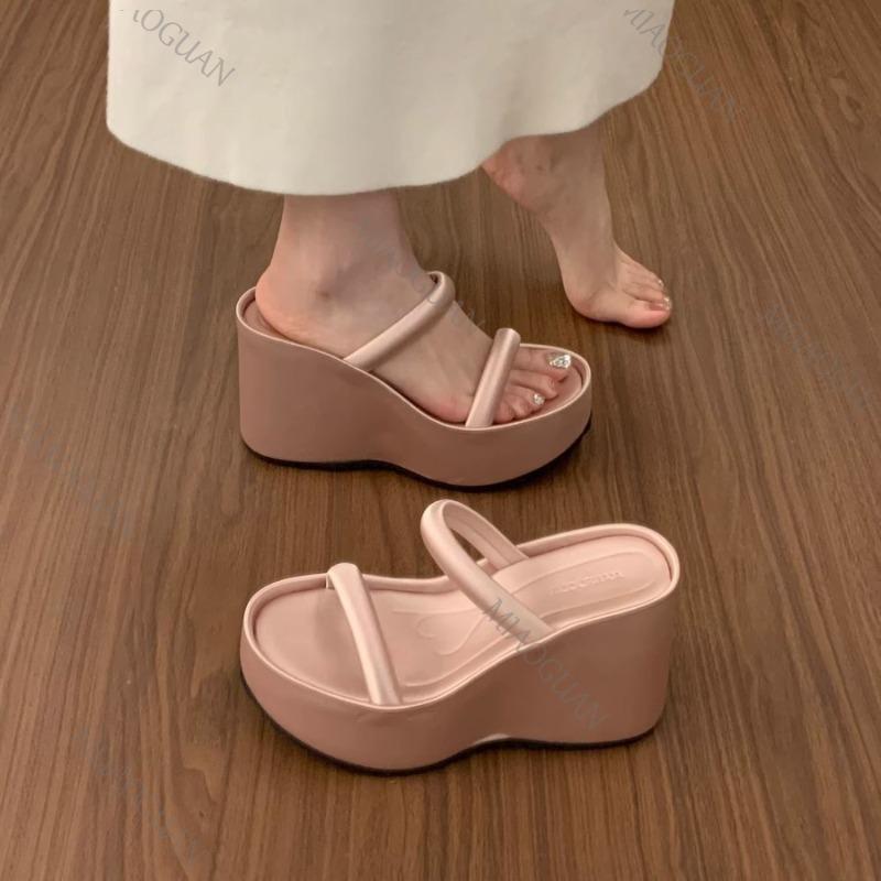 Fashion Summer Women Platform Wedges Heel Slippers Open Toe Thickness Slide Ladies Outdoor Beach Dress Sandalias Solid High Heel Shoes