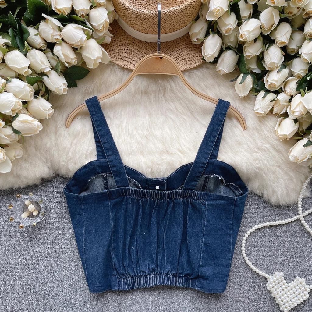 Hongkongský styl Retro Džínový top Dámský Design Jednořadé Slim fit Krátký Pupík Sexy Gyaru Sle Cami Móda