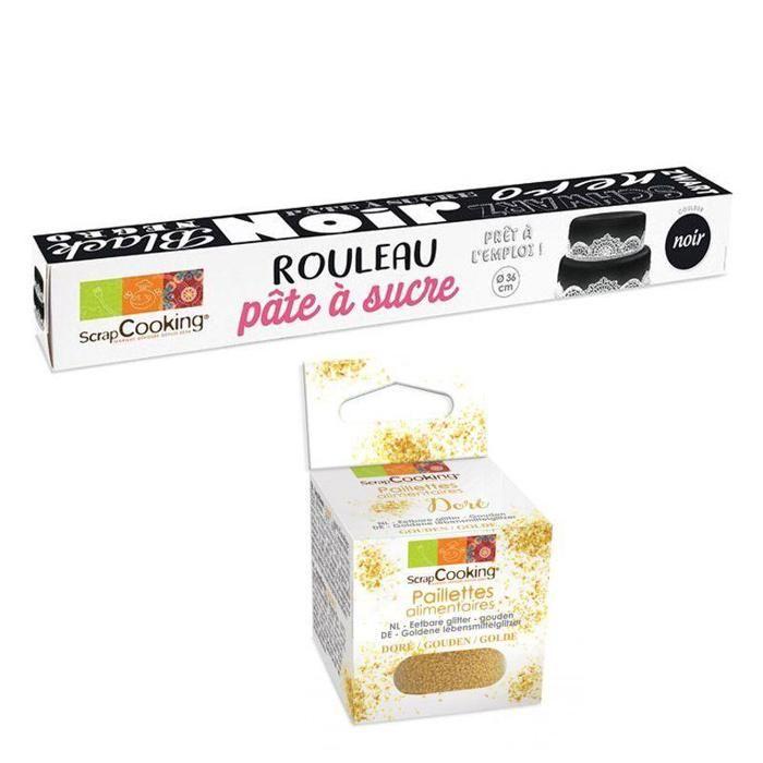 Pâte à sucre en rouleau Ø 36 cm noir + paillettes dorées
