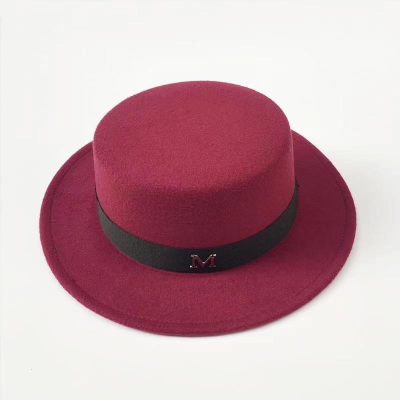 M Letter Fashion Flat Top Men's and Women's Leisure Travel Hat Tide Autumn and Winter Dome Retro British Woolen Top Hat