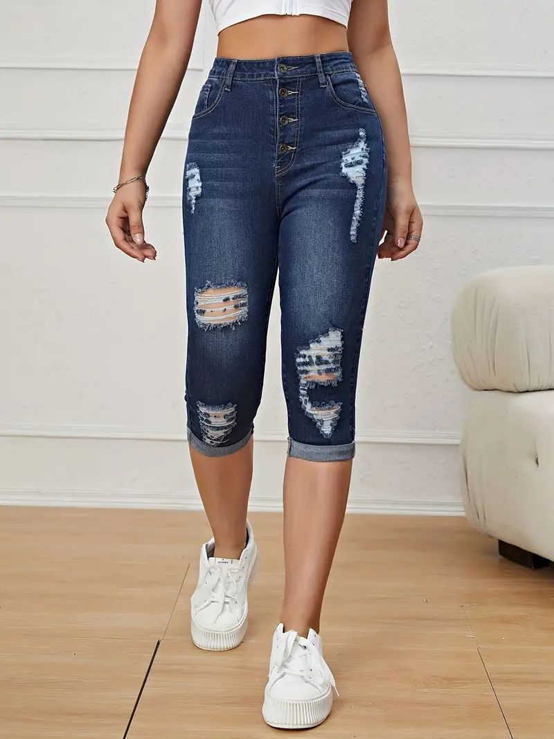 

Puffanpop Women s High Waisted High Stretch Ripped Capri Jeans - Distressed Denim Cuffed Hem Cropped Pants for Summer Casual Wear XXL синій