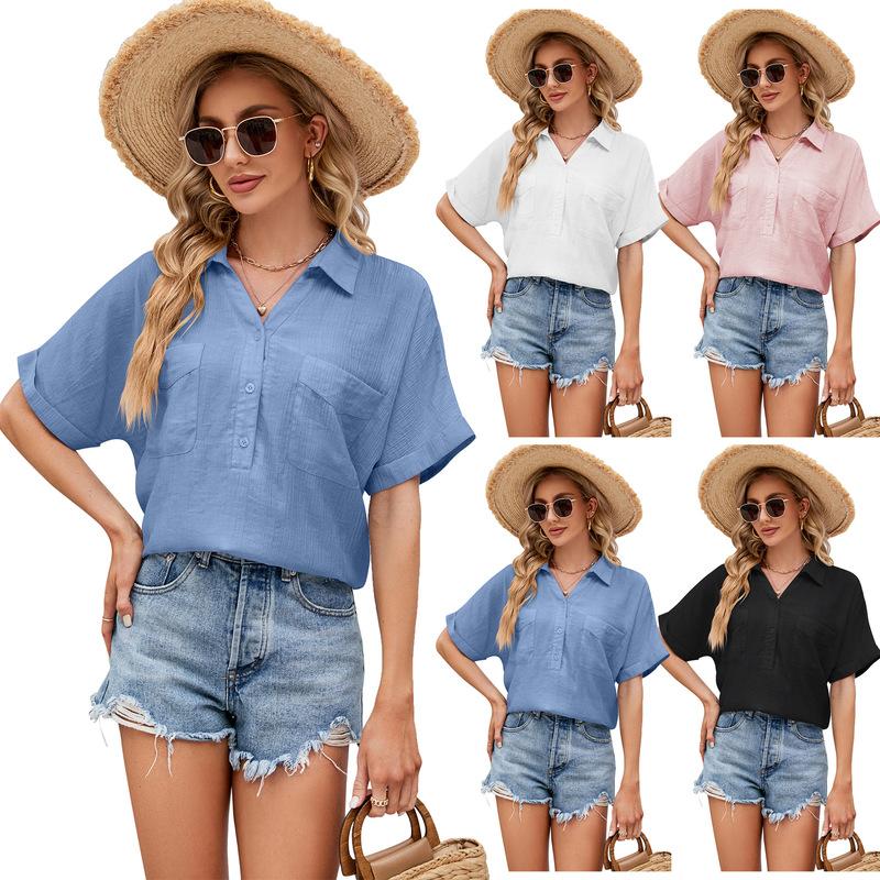 

2024 Summer Women s T-shirt Breathable Shirt Short Sleeved Buckle Pocket V-neck Top Women Casual T-shirt Soft Comfy Tops Tees S синій
