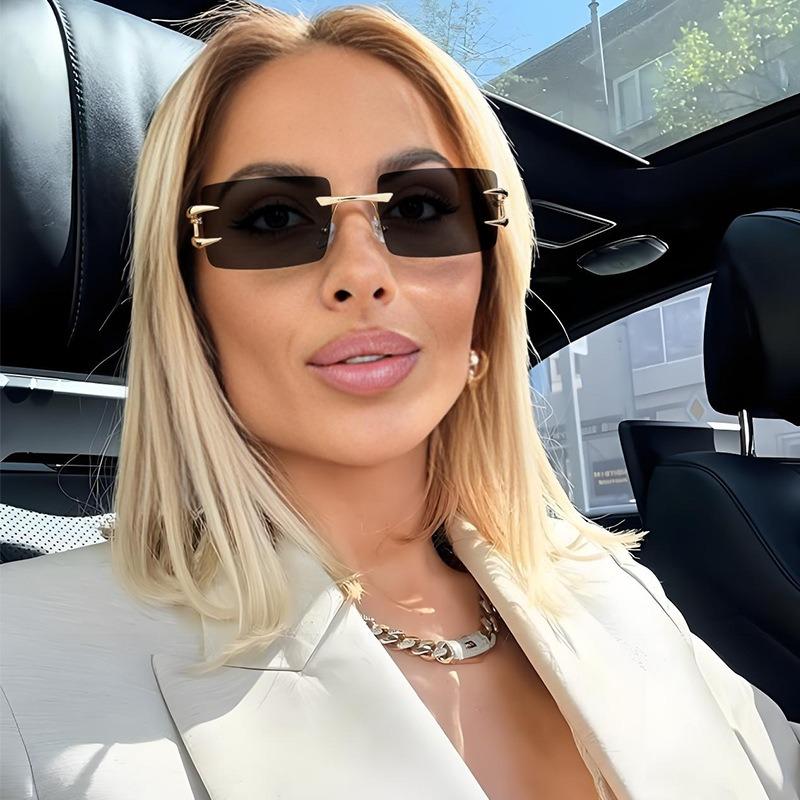 2PCS European and American Retro Gradient Frameless Sunglasses for Men New Trend Boxy Sunglasses for Women UV Resistant