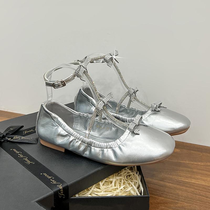 Mode 2025 Luxus Strass Schleife Mary Janes Damen Ballerinas Frühling Sommer Weiches Leder Tanz Slipper Mode Mädchen Bootsschuhe