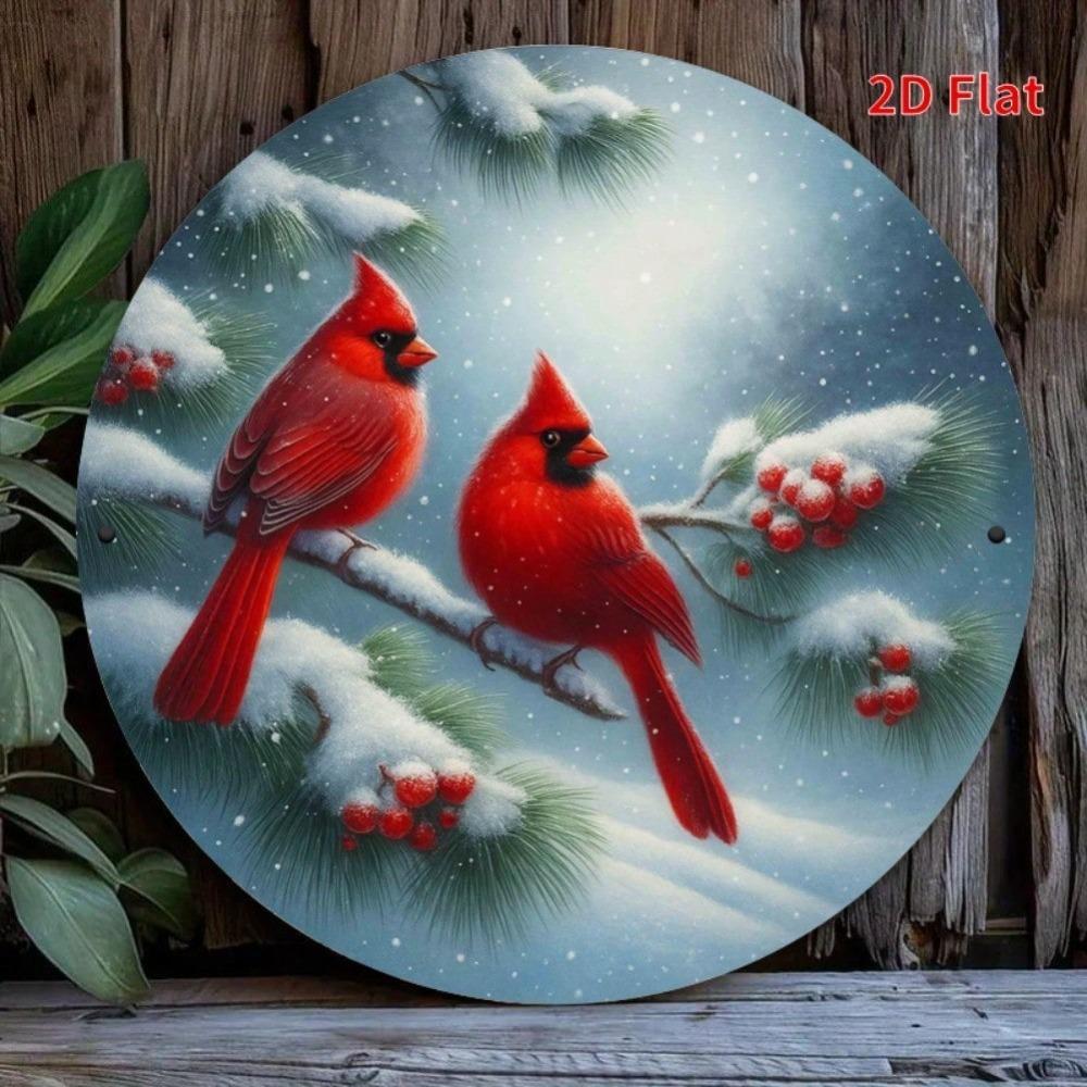 Winter Snow Red Cardinal Double Habitat Iron Wall Art Round 7.8 Inch Metal Sign Home Decor Coffee Shop Restaurant Gift Christmas Holiday Decoration