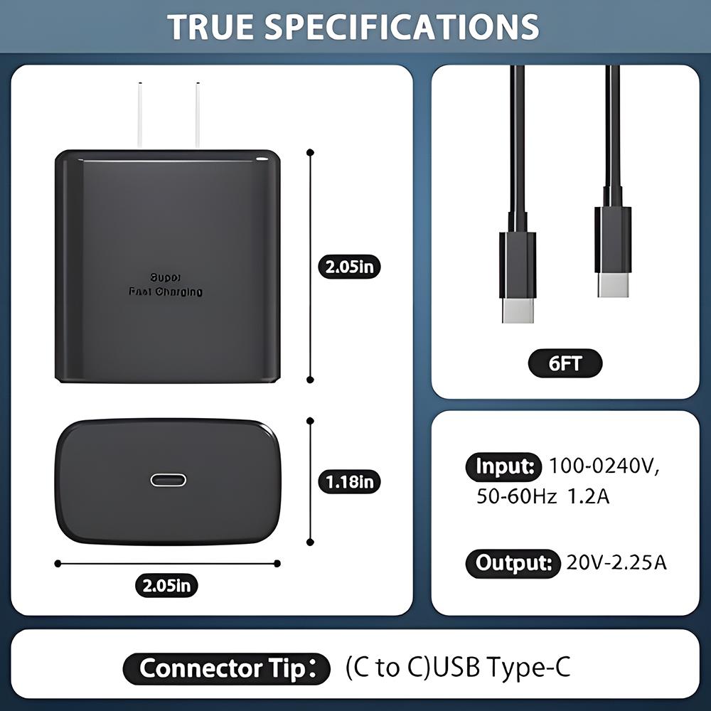 45W Super Fast Charger & USB-C Data Cable - Portable Adapter for Samsung for Galaxy S24/S23/S22/S25 Ultra/S21 Plus/ 20