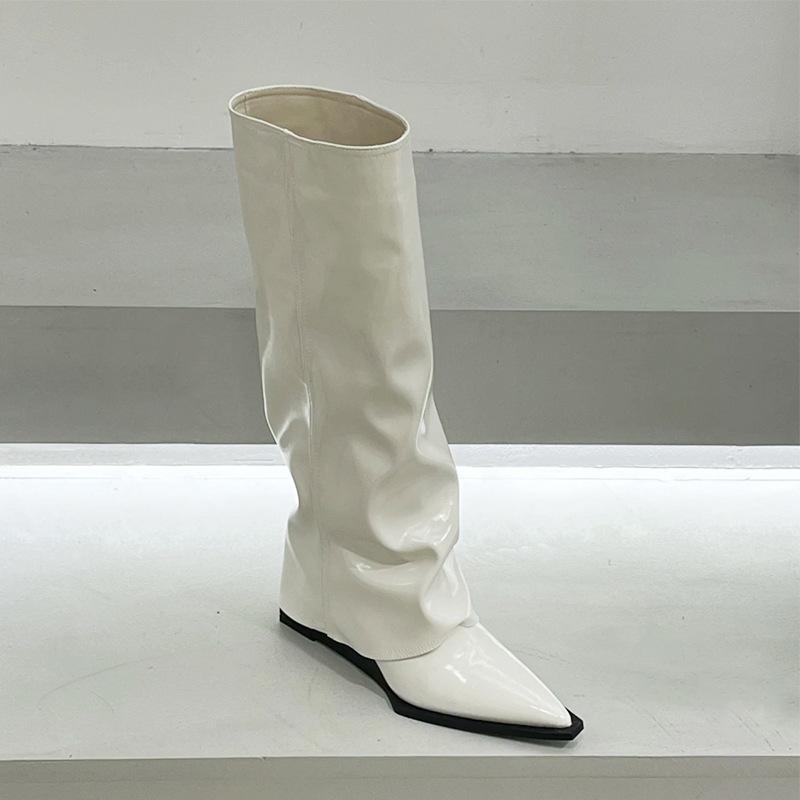 Rindsleder~ Stiefel Damenstiefel Hoch aber Knie Skinny Schwarz Lackleder Spitz Keilabsatz Hosenstiefel