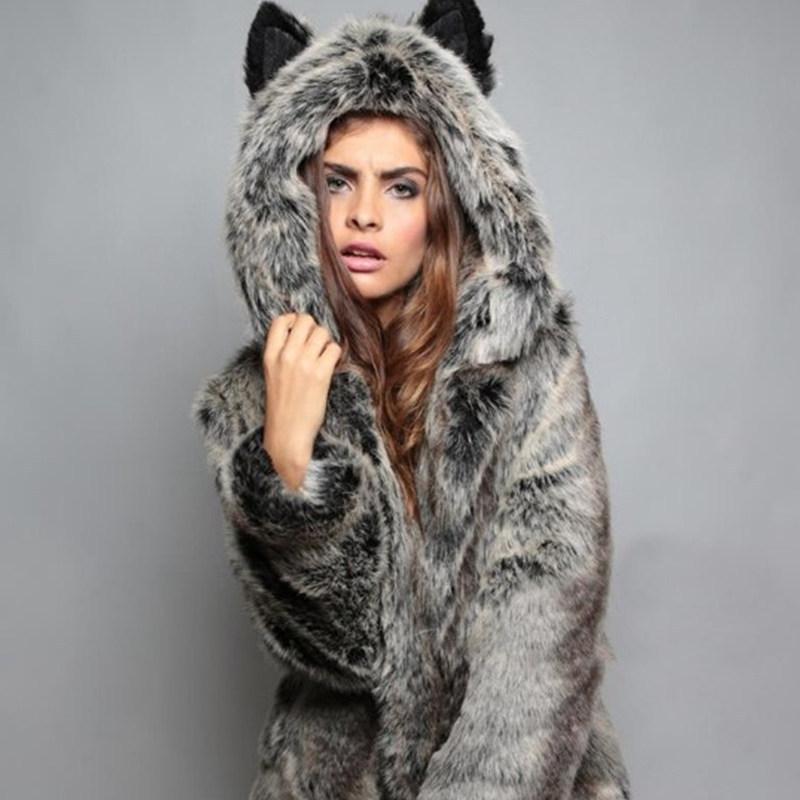 European and American fur coat women's medium and long rabbit ears cartoon bear artificial fur Halloween hooded costume