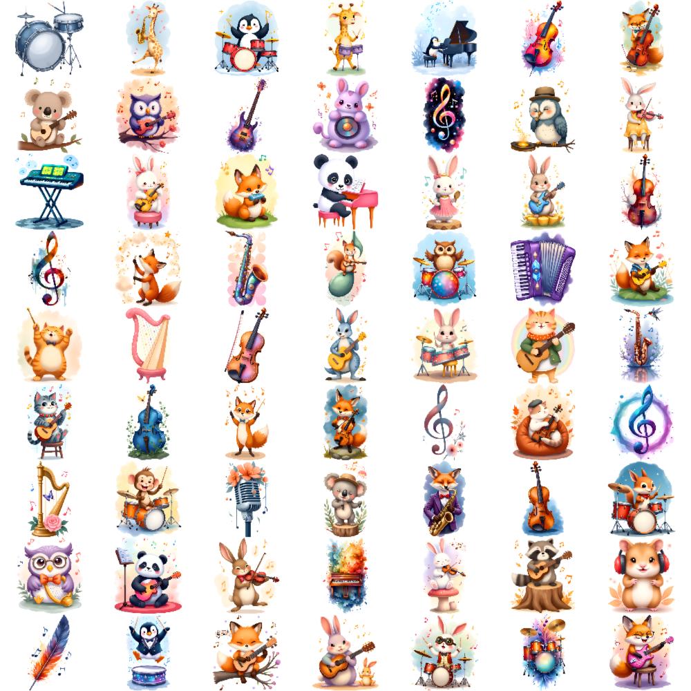 63pcs Temporary Tattoo Instrument Stickers Cartoon Animal Music Waterproof Long-lasting Body Stickers For Men Arms Cheeks