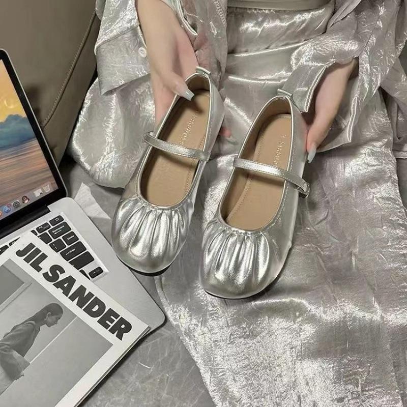 French Evening Wind Silver Mary Jane Shoes 2025 New Summer Temperament Fairy Grandma Shoes Flat Ballet