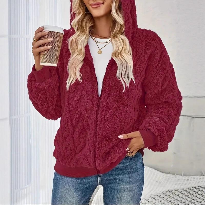 New Autumn Winter Plush Women's Solid Color Zipper Hooded Long-sleeved Loose Jacquard Sweatshirt Jacket