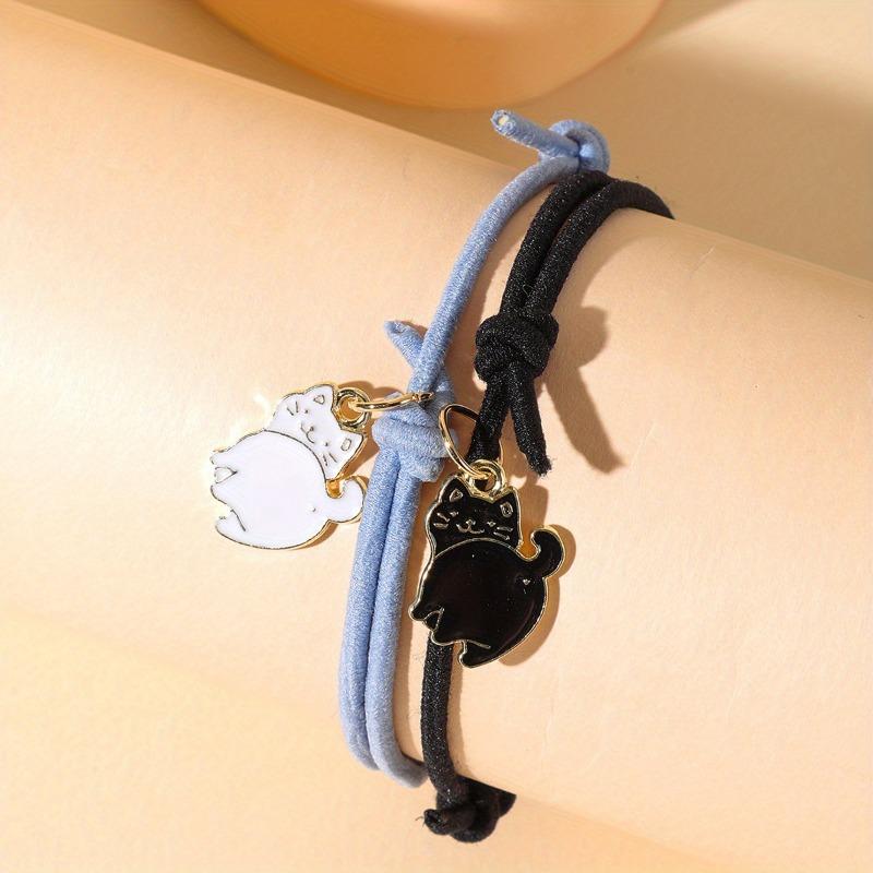 2 Pcs Romantic Originality Animals Couple Bracelet for Women Cute Small Cat Double Layer Braided Friendship Hand Rope Bracelet