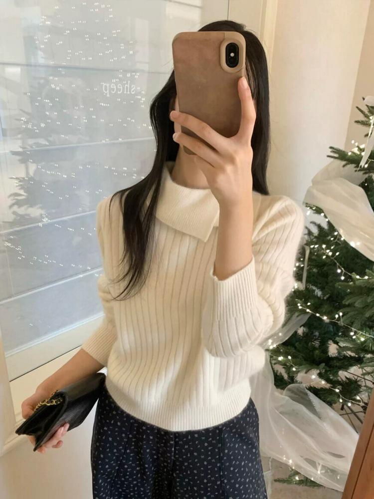 Women's 100% Wool Thickened Lapel Pullover Sweater - Autumn/Winter Loose Cable Knit Long Sleeve Cashmere Base Layer