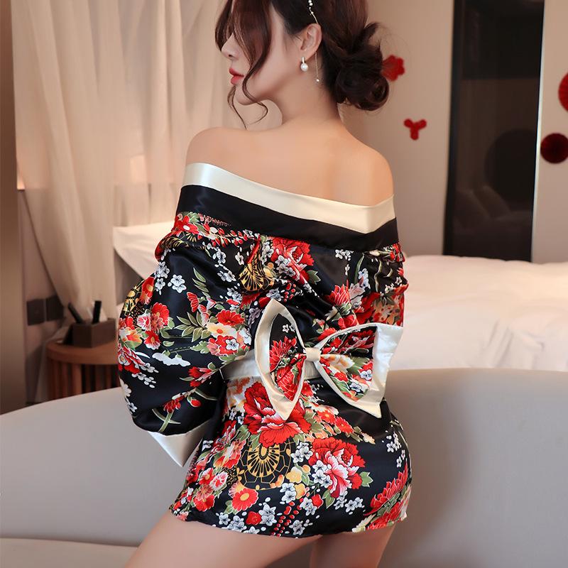 Sexy Lingerie Sexy Print Kimono Uniform Japanese Open Placket Low Neck Perspective Seduction Bathrobe