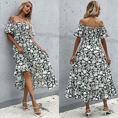 New Summer Waist Slim Fit Medium and Long Dress Short Sleeve Printed One-word Shoulder Dress