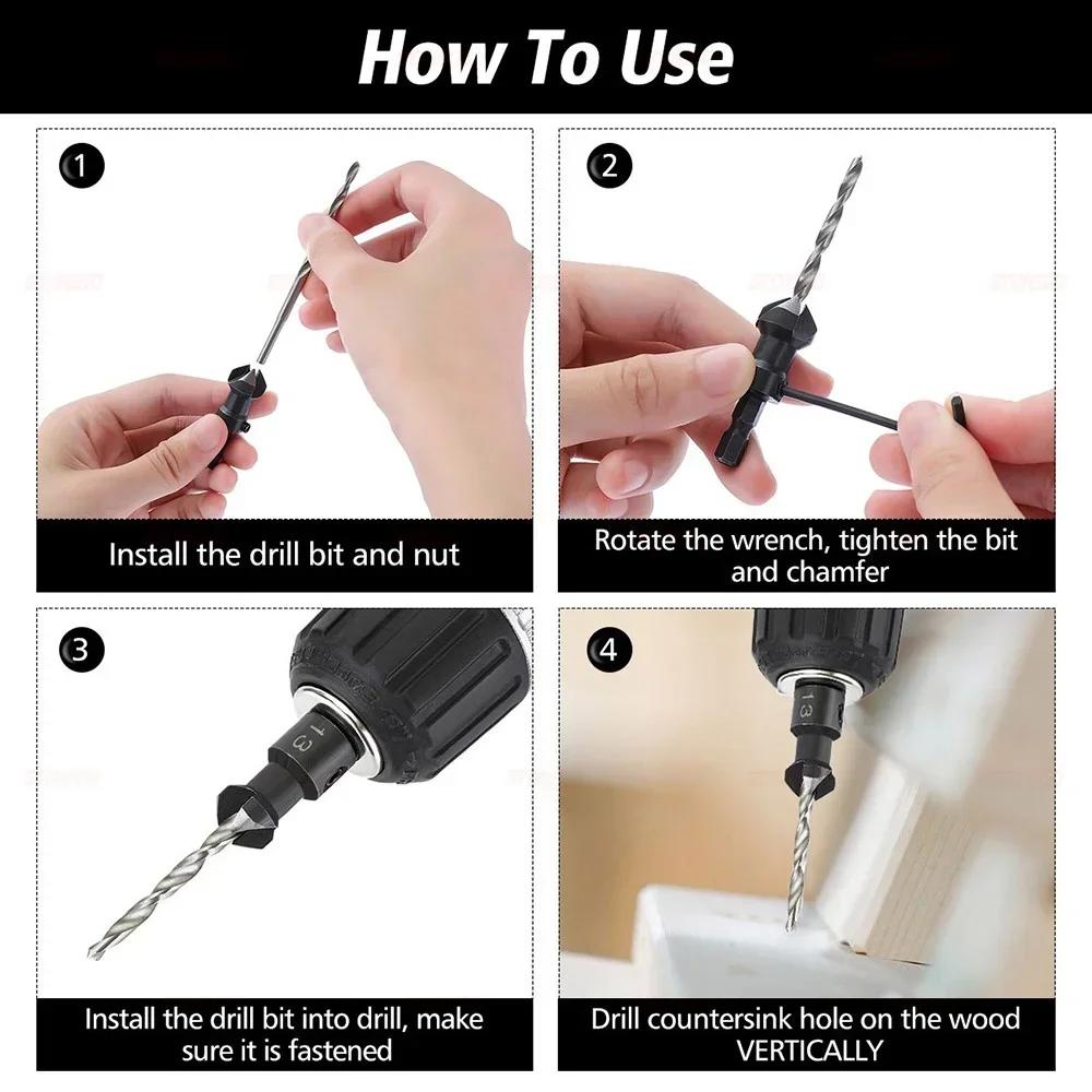 4Pcs Hex Handle Countersink Drill Bit Set Woodworking Chamfering Tool for Screw Head Opening