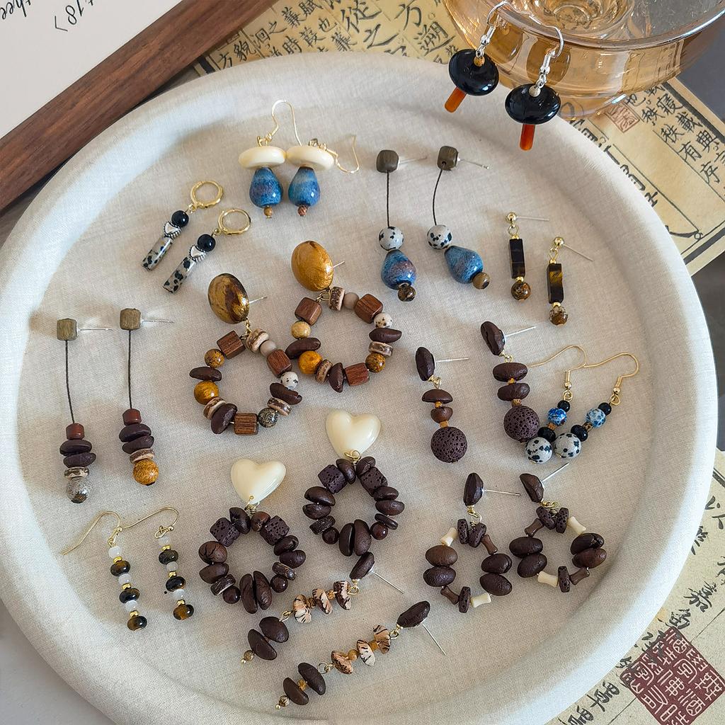 Original Design Natural Stone Real Coffee Bean Ceramic Handmade Earrings Collection Niche Design Coffee Stud Earrings