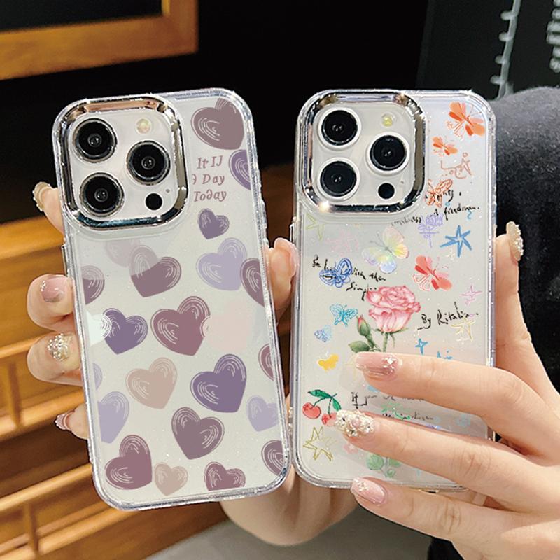 Luxury Garden Flower Case For iPhone 15 Pro Max Coque iPhone 11 12 13 14 16 Pro Max Plating Lens Clear Soft Silicone Back Cover