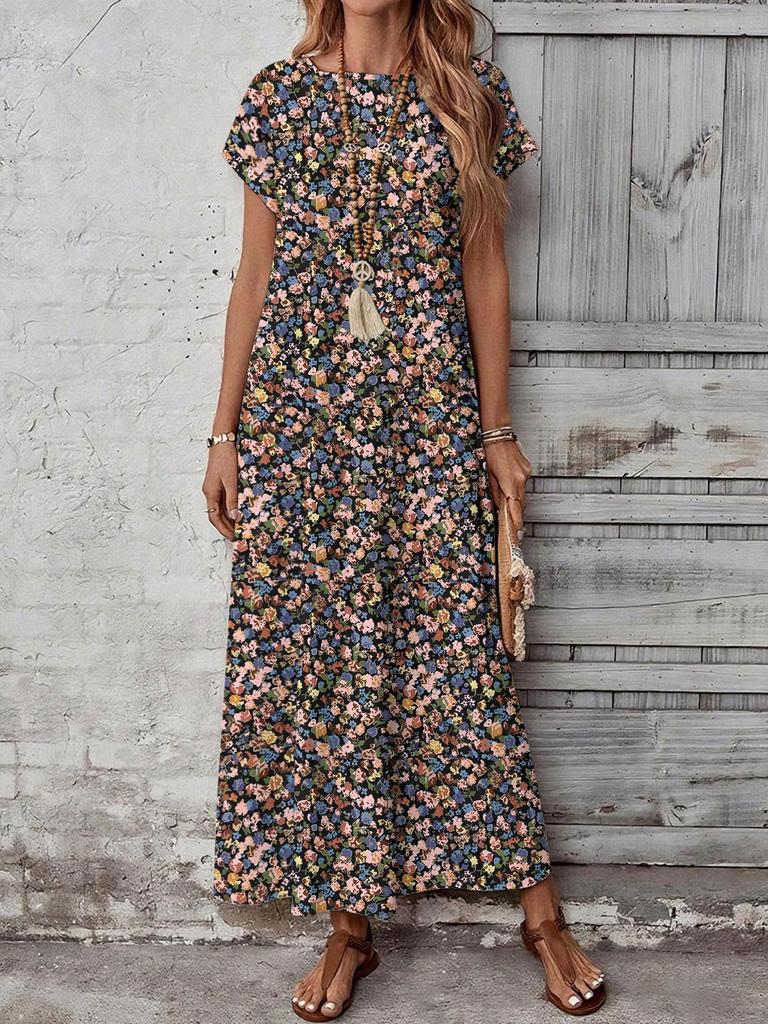 Casual Versatile Patterned Summer Dress For Women,Casual Women's Dresses Short Sleeve Modest Bohemian Maxi Floral Print