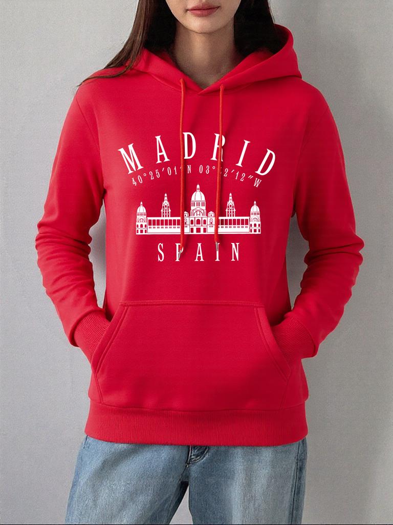 Madrid Spain Printed Hoodies Women Basics Pocket Pullovers Autumn Winter Fleece Warm Sweatshirts Casual Loose Womans Clothes