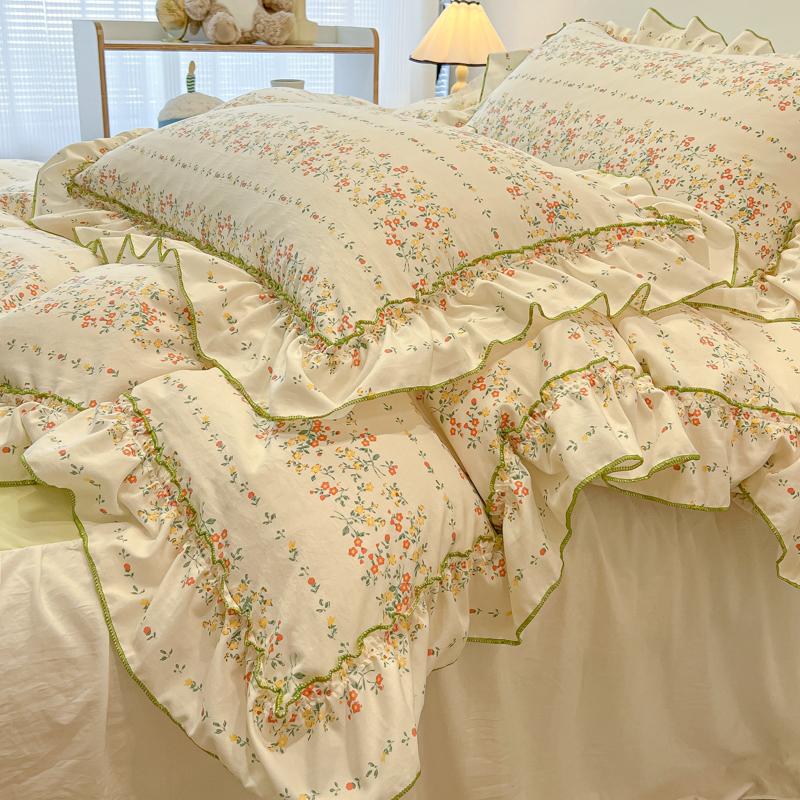 3/4Pc Korean Princess Style Floral Ruffles Bedding Set Single Queen Size Soft Skin-friendly Washed Cotton Duvet Cover Pillowcase
