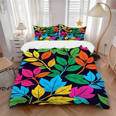 3Pcs Colorful Leaves Pattern Printed Bedding Set, Breathable And Soft,(Includes 1 Duvet Cover And 2 Pillowcases, Quilt Not Included) Yy250815203
