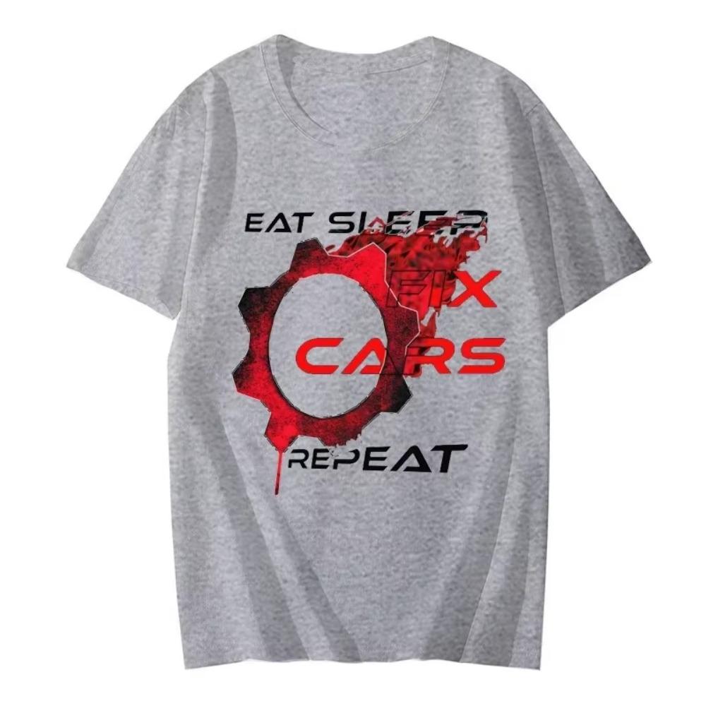 2024 New Trendy Summer Fashion Men T-shirt Funny Car Mechanic Eat Sleep Fix Cars Repeat Print Tops Tshirts Camisas Streetwear