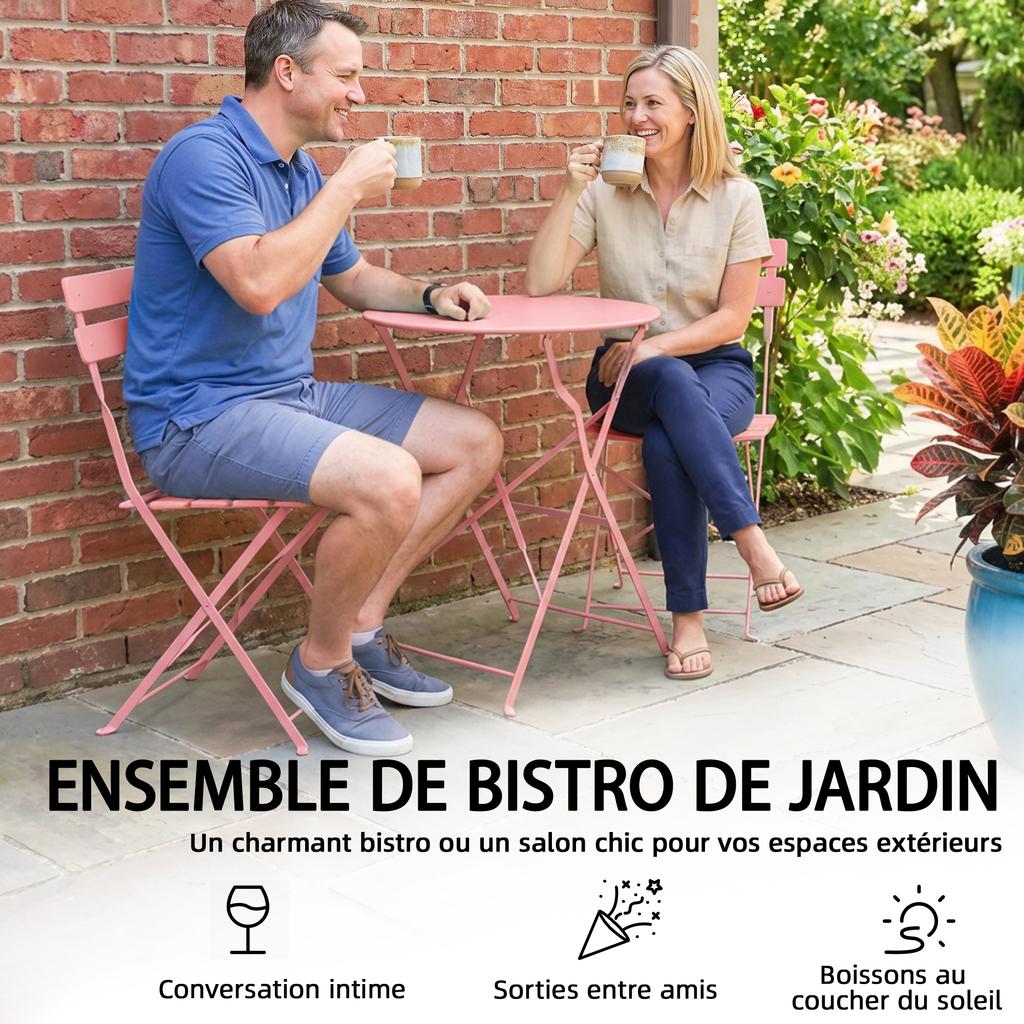 Garden Bistro Set 3 Pieces Table and 2 Folding Slatted Chairs Double Rust Protection Pink
