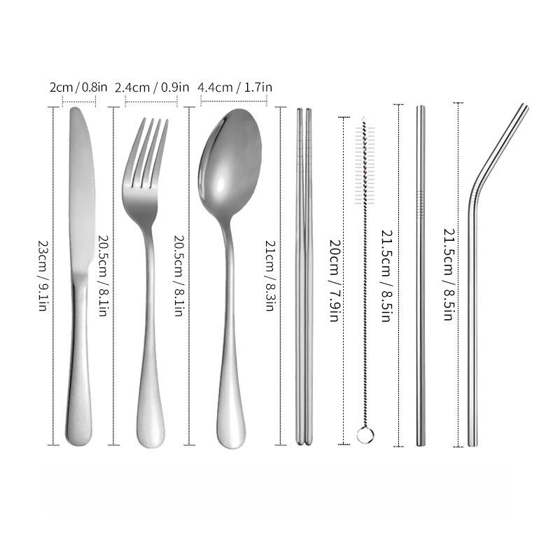 1SET/7PCS Stainless Steel Cutlery Set Straw Knife, Fork Spoon Chopsticks Outdoor Camping Travel Portable Tableware