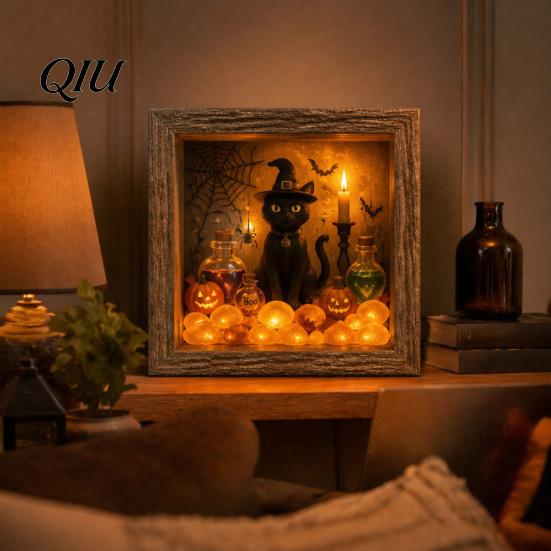 Personalized Halloween Display Shadow Box Frame DIY Lighted Craft Kit, Wooden Night Light with Seasonal Interior Decor Sea Glass Stones, Gothic